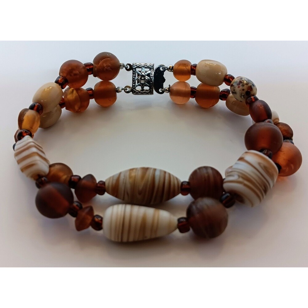 Vintage Amber Art Glass Bead Bracelet 7.75 in Box Clasp